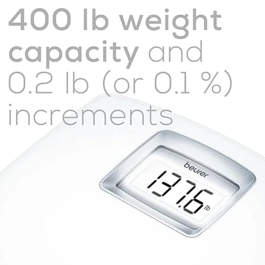 Beurer PS25 Digital Bathroom Scale for Body Weight – 400lb Weight Capacity, Auto-Calibrate, XL Backlit Display – Glass Weight Scale, Precise and Accurate Digital Scale, Body Scale