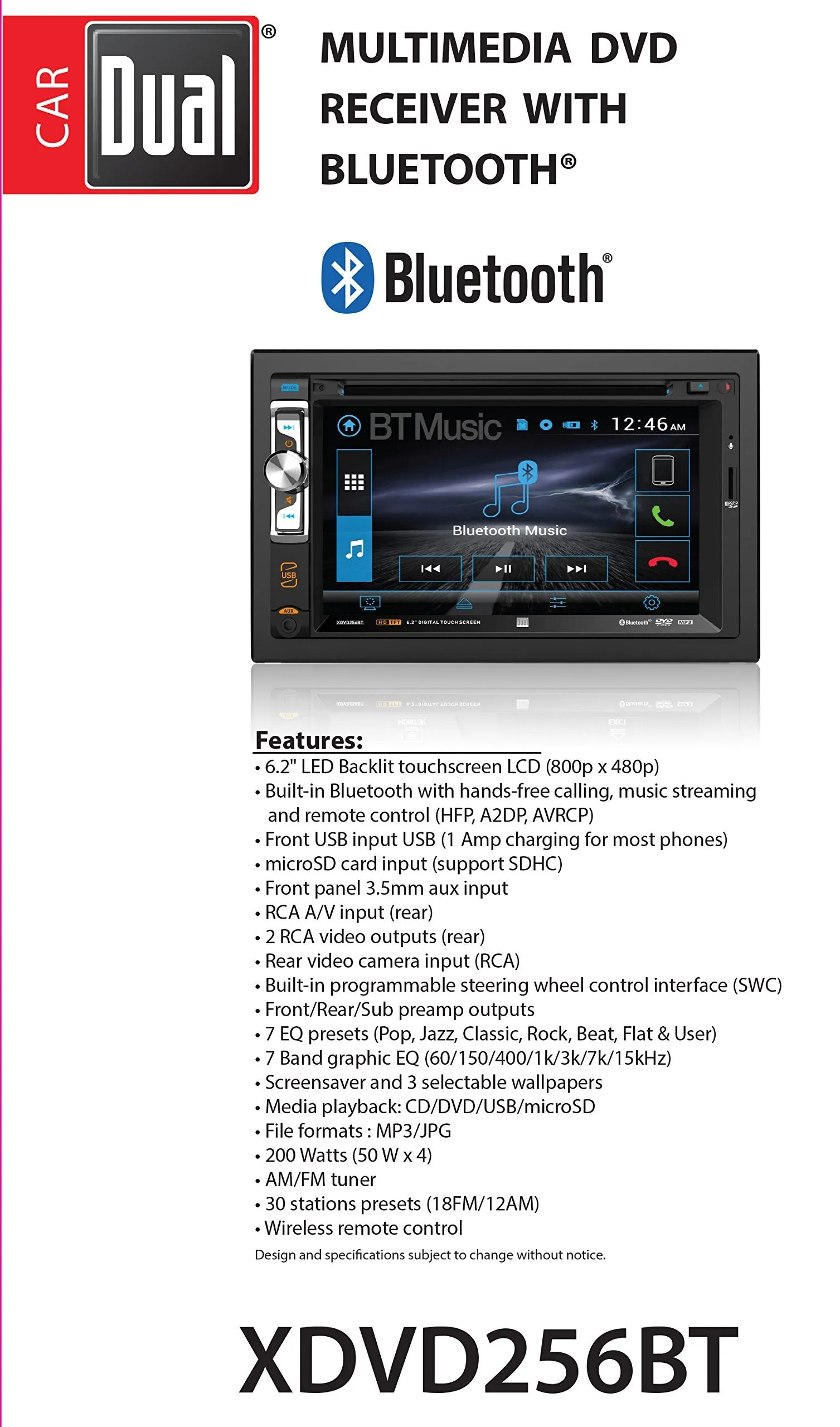 Dual XDVD256BT Digital Multimedia 6.2" LED Backlit LCD Touchscreen Double DIN Car Stereo with Built-in Bluetooth, CD/DVD, USB, microSD & MP3 Player