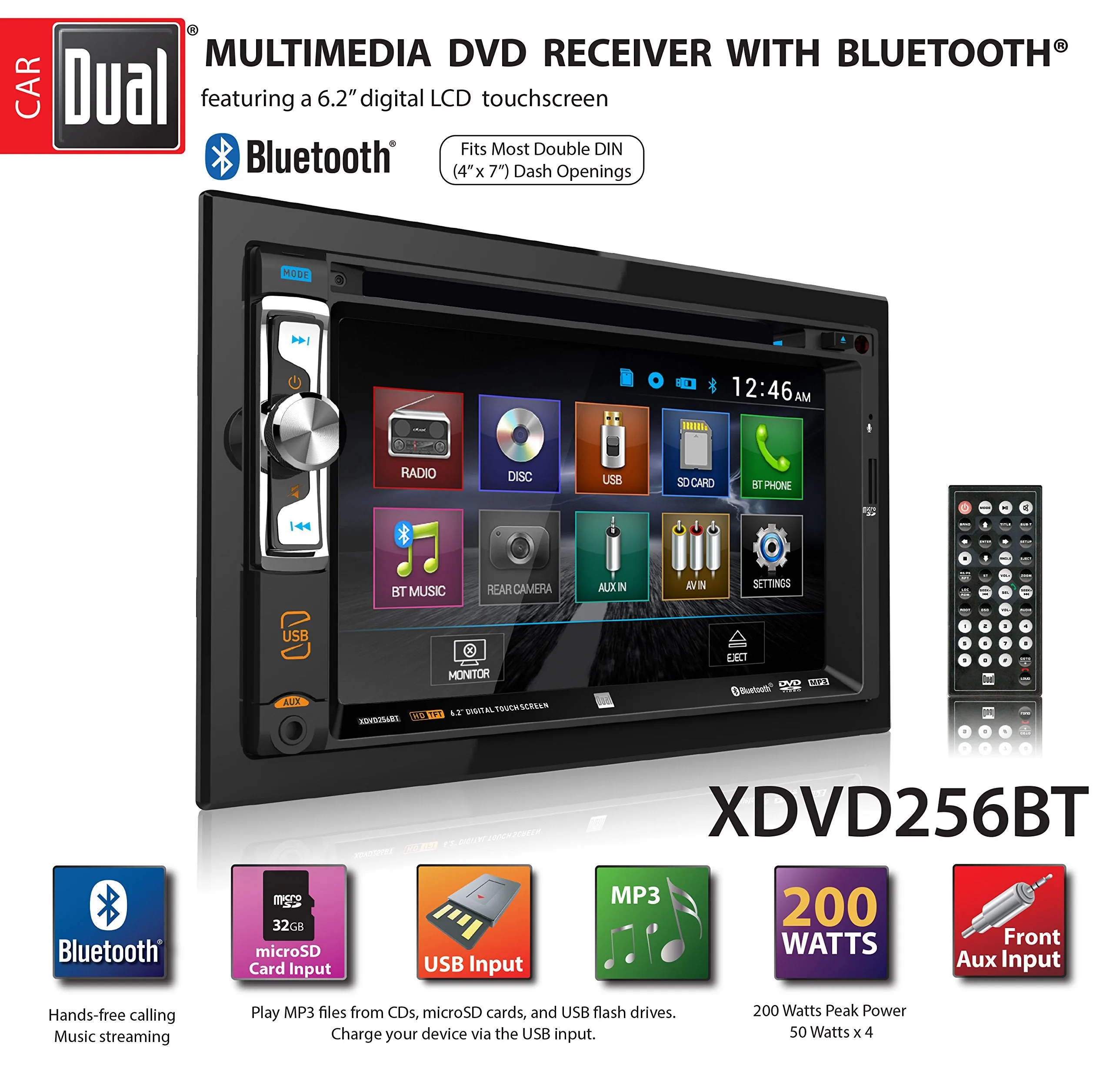 Dual XDVD256BT Digital Multimedia 6.2" LED Backlit LCD Touchscreen Double DIN Car Stereo with Built-in Bluetooth, CD/DVD, USB, microSD & MP3 Player