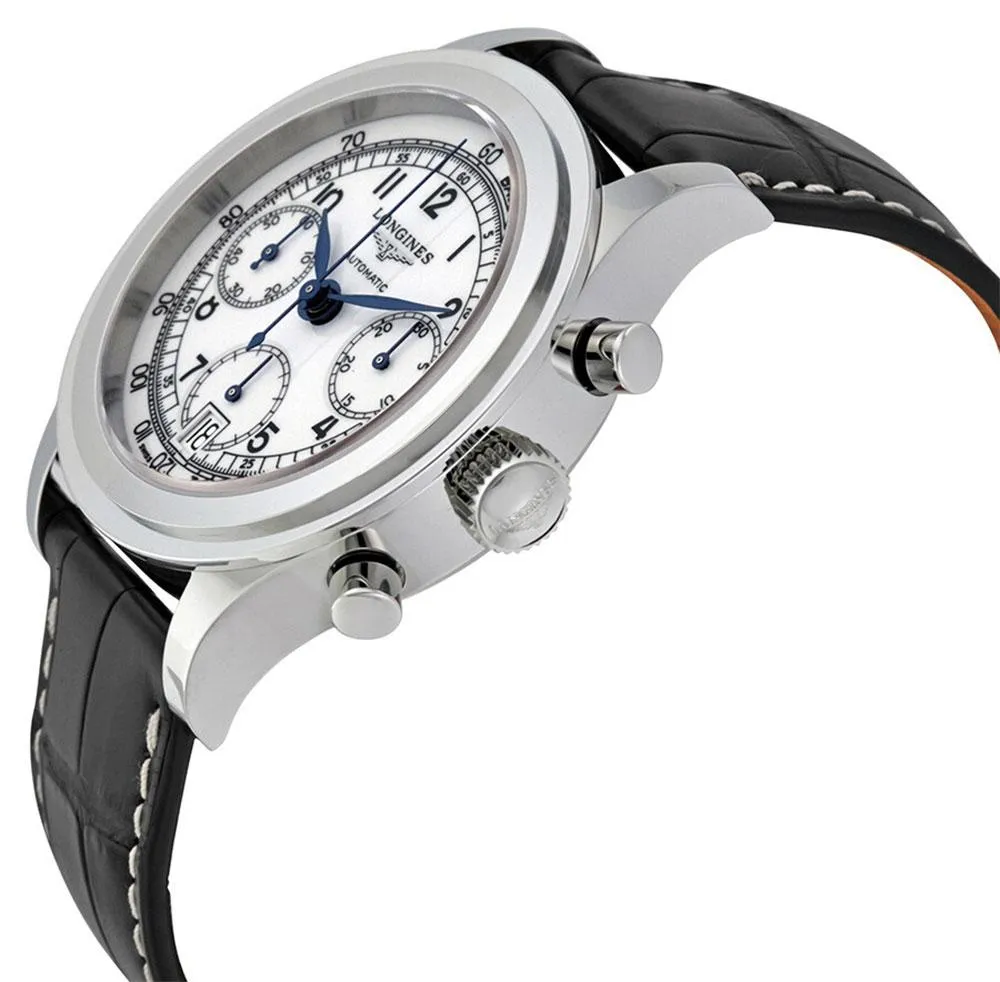 Longines Heritage Automatic Chronograph Stainless Steel Black Leather Strap White Dial Date Mens Watch L2.768.4.13.2