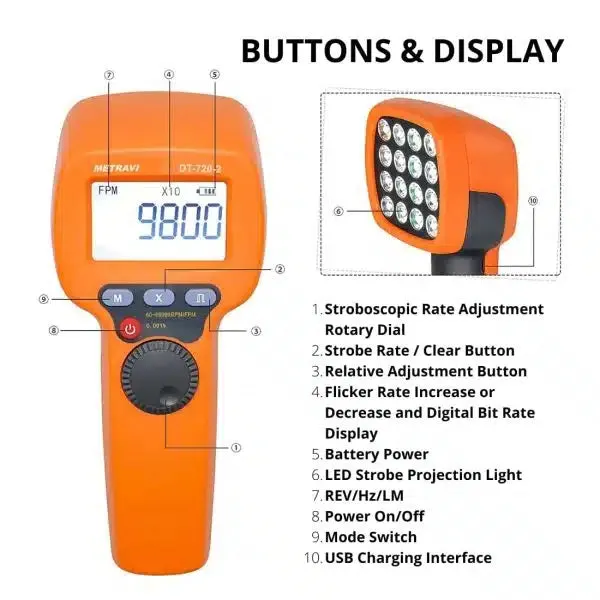 Metravi DT-720-2 LED Stroboscope, 60-99999 RPM