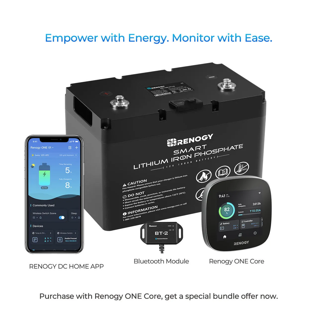 Renogy 12V 100Ah Smart lithium battery & RENOGY one core &BT-2 Module