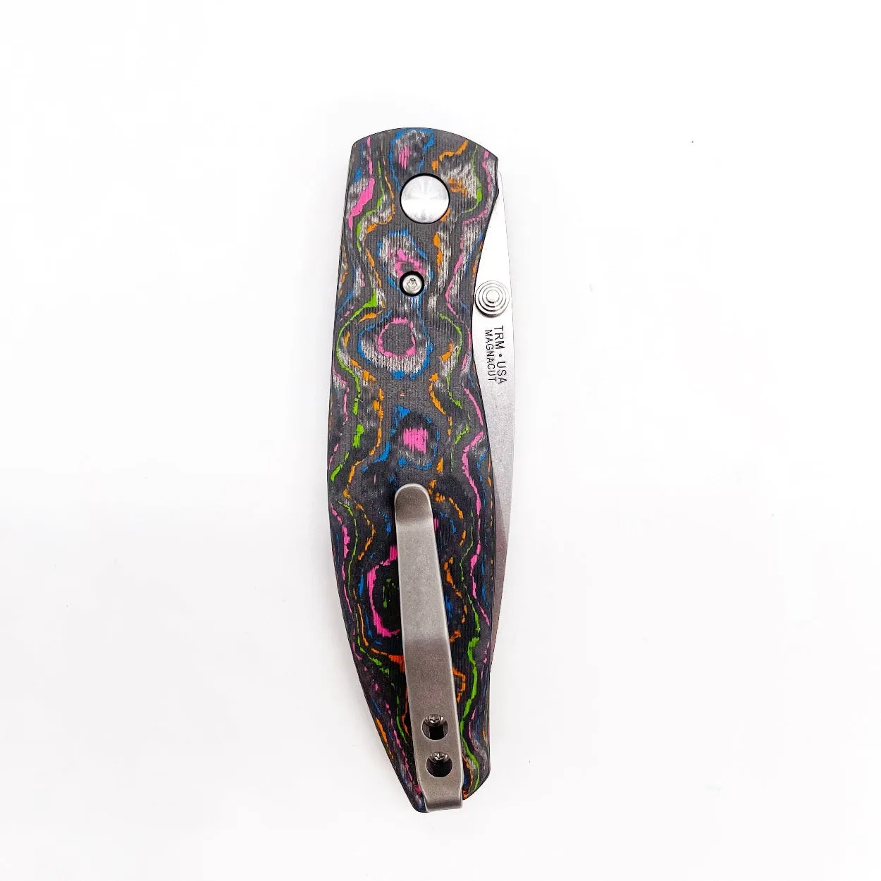 Three Rivers Mfg ATOM Linerlock 3.5" Tumbled CPM-20CV Blade 80s Camo Carbon Fiber Handles