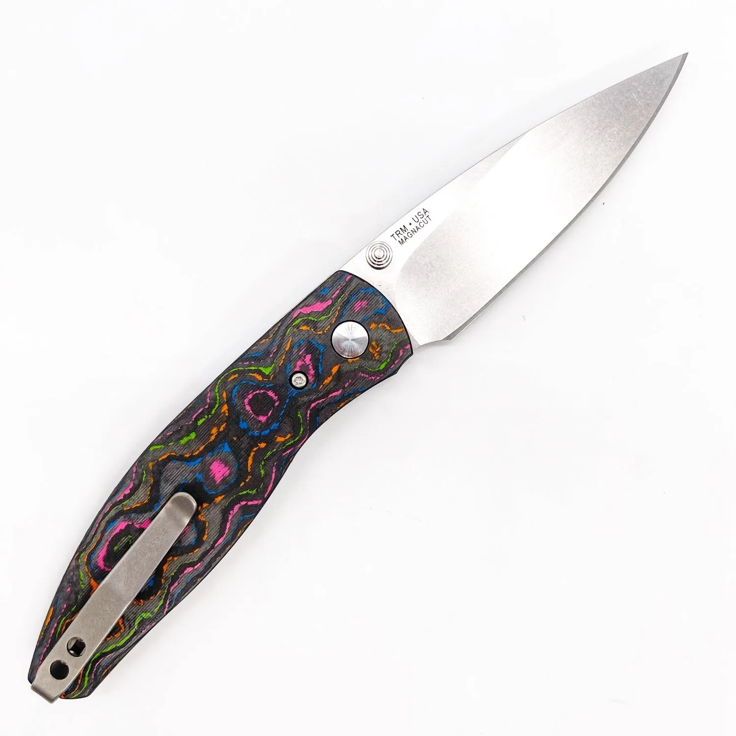 Three Rivers Mfg ATOM Linerlock 3.5" Tumbled CPM-20CV Blade 80s Camo Carbon Fiber Handles