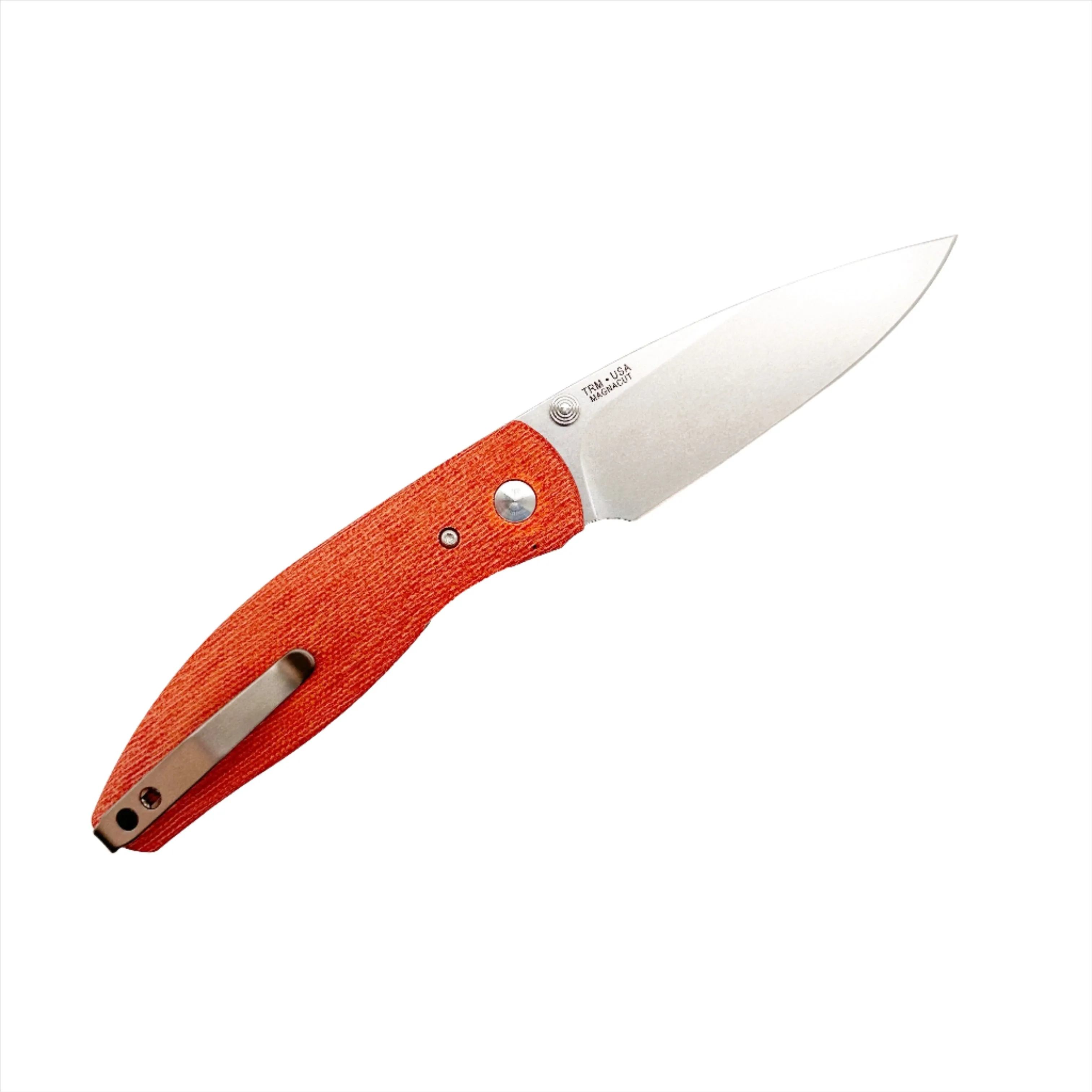 Three Rivers Mfg ATOM Linerlock 3.5" Tumbled CPM-MagnaCut - Autumn Orange Lizard Skin Micarta 3D Contoured Scales