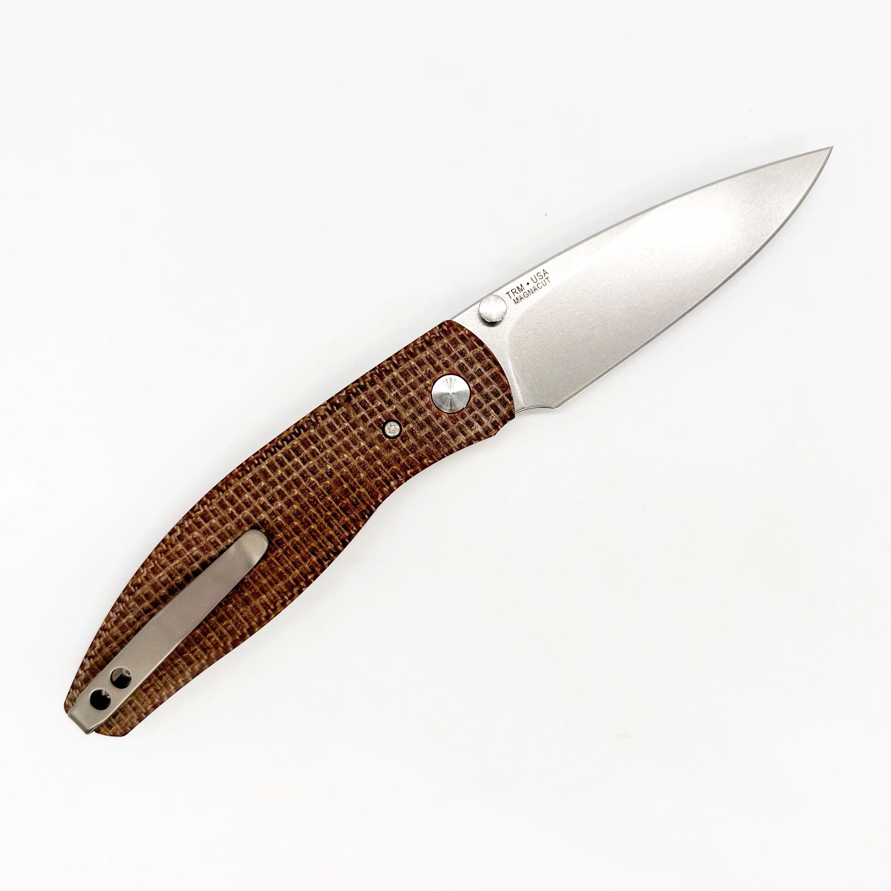 Three Rivers Mfg ATOM Linerlock 3.5" Tumbled CPM-MagnaCut Burlap Micarta Flat Scales