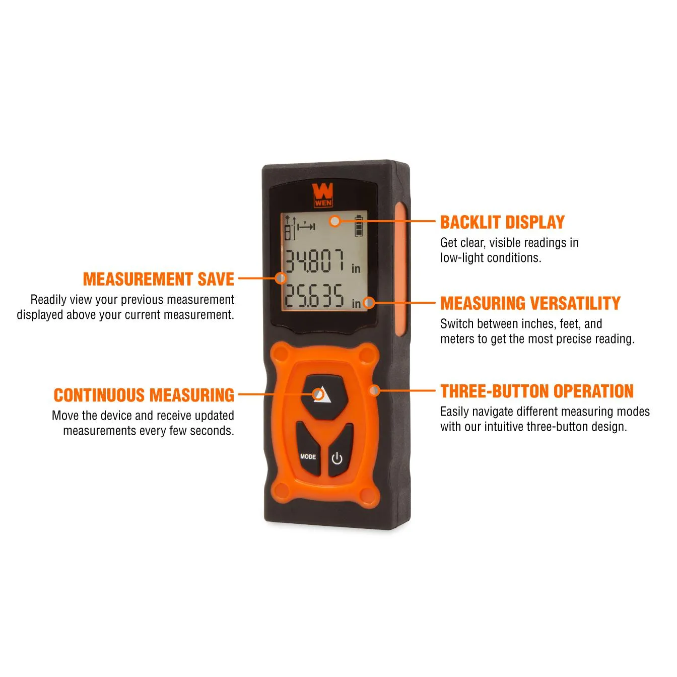 WEN 10130 130-Feet Laser Distance Measure with Backlit Screen